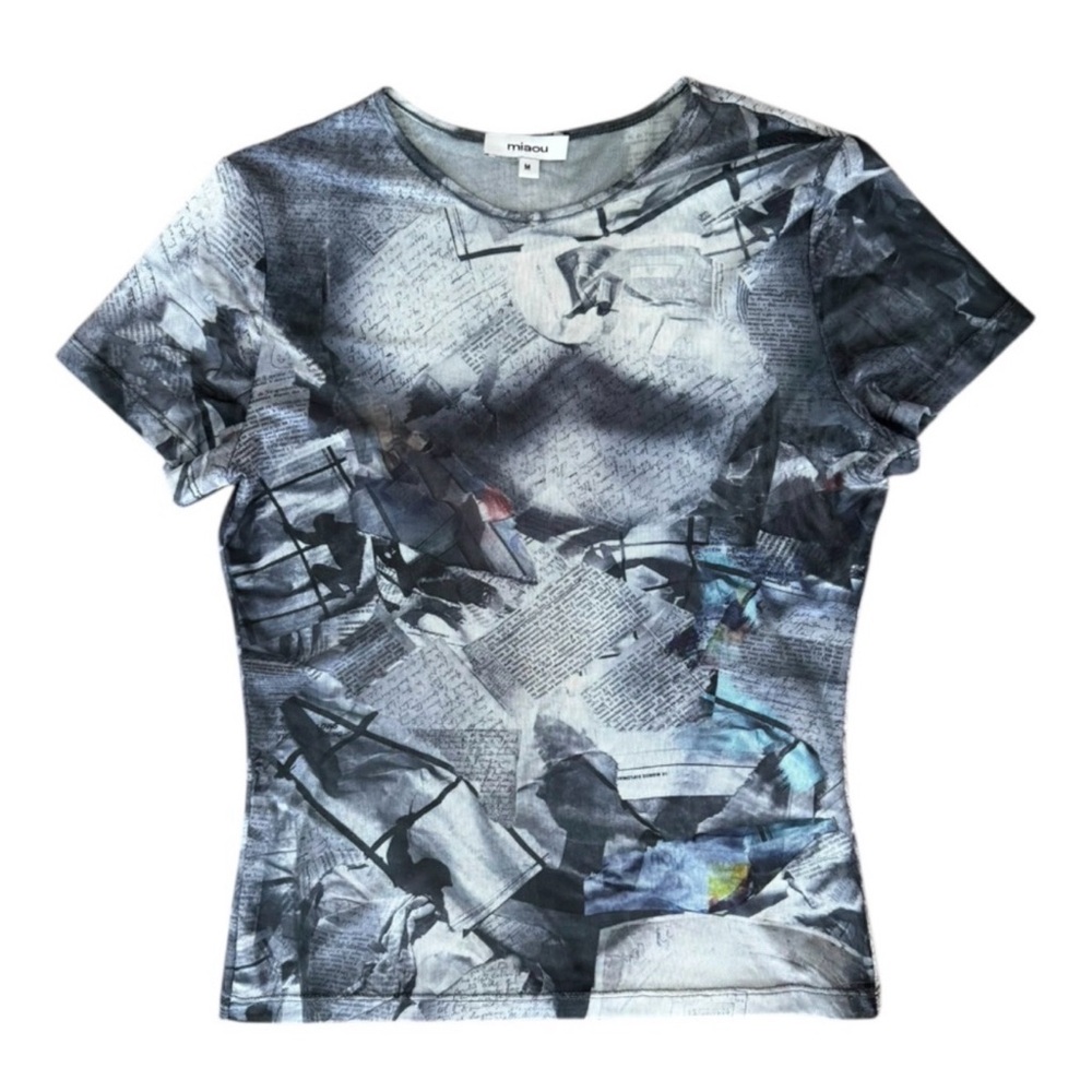 Miaou Gray Abstract Short Sleeve Tee with Subtle Blue Accents